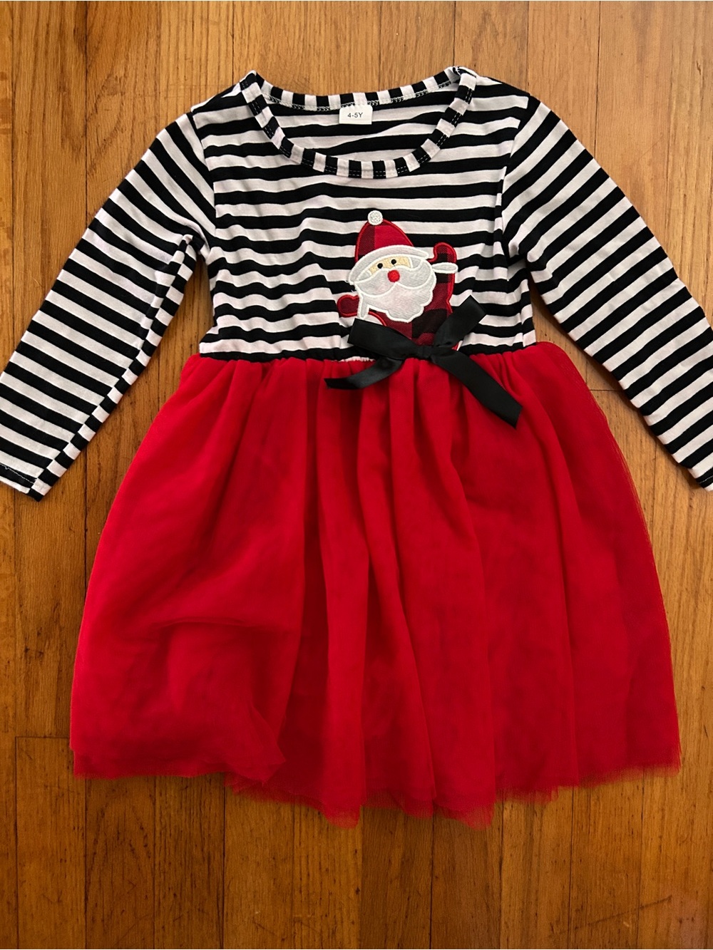 Girls Black & White Striped Santa Tulle Dress - Red Skirt Sz. 4-5Y